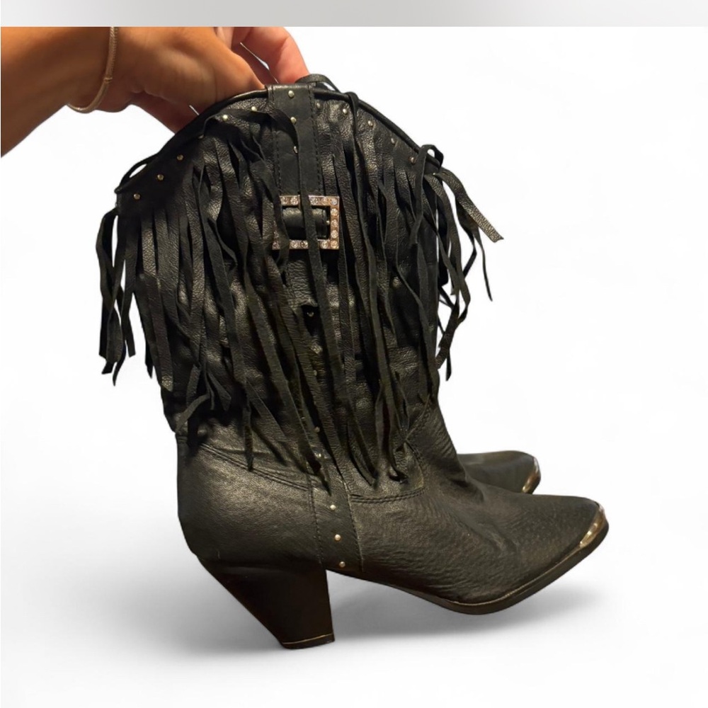 dingo Black Fringe Western Heeled Boots with Studs - Picture 3 of 8